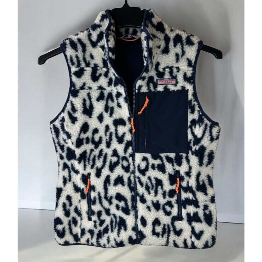 Vineyard Vines Leopard Print Mixed Media Sherpa Vest Supershep Women's Size XS - Picture 1 of 13